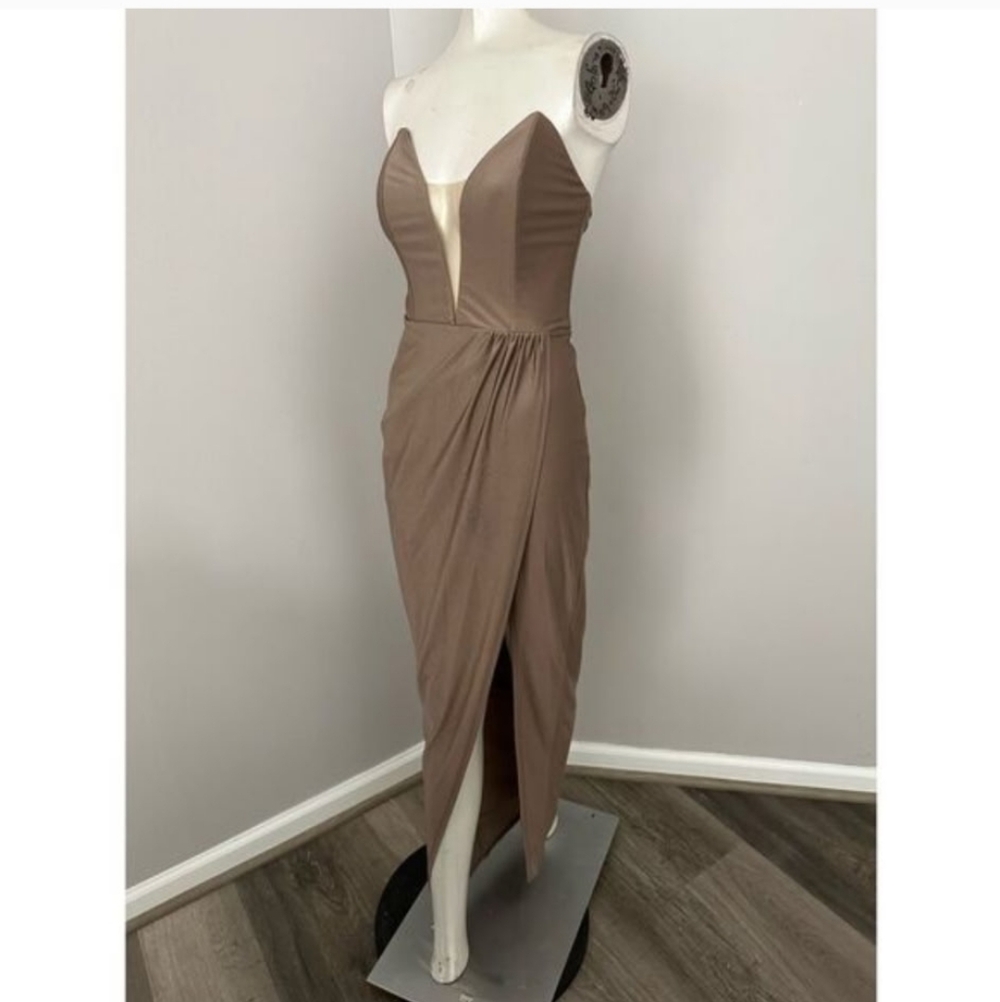NWT Michael Costello X Revolve Womens Satin Surplice Skirt Jake Gown Taupe Small - Picture 5 of 11